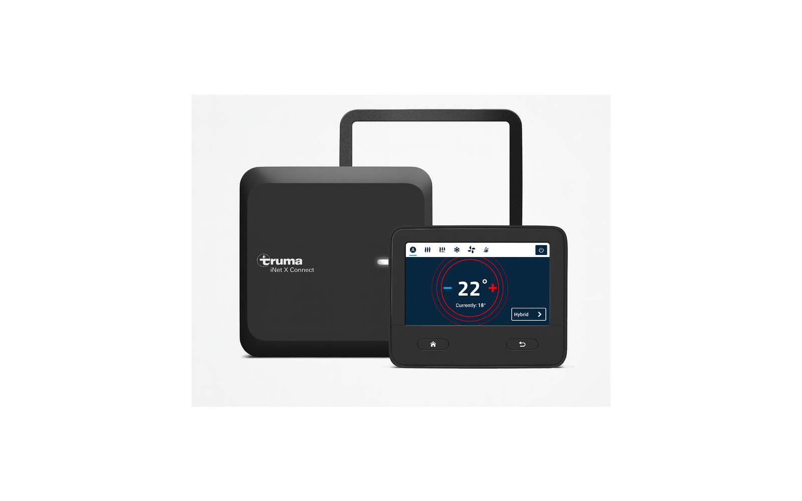 Twee zwarte elektronische apparaten, één met het label 'Truma iNet X Connect', de ander met een display dat -22 graden toont