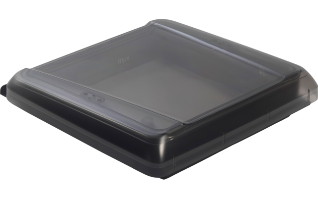 Schwarze rechteckige Plastikbox mit transparentem, leicht gewölbtem Deckel