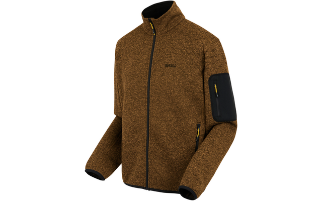 Braune Fleecejacke mit schwarzem Reißverschluss und schwarzem Ärmelpatch