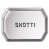 Silver rectangular metal tin with rounded corners and dark lettering SKOTTI centered on the lid