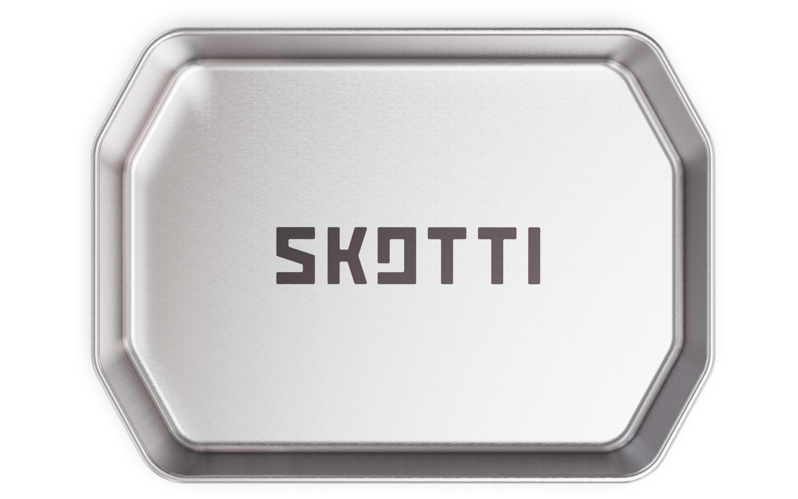 Silver rectangular metal tin with rounded corners and dark lettering SKOTTI centered on the lid