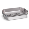 Stacked rectangular silver metal baking pans, 'SKOTTI' visible on the top pan