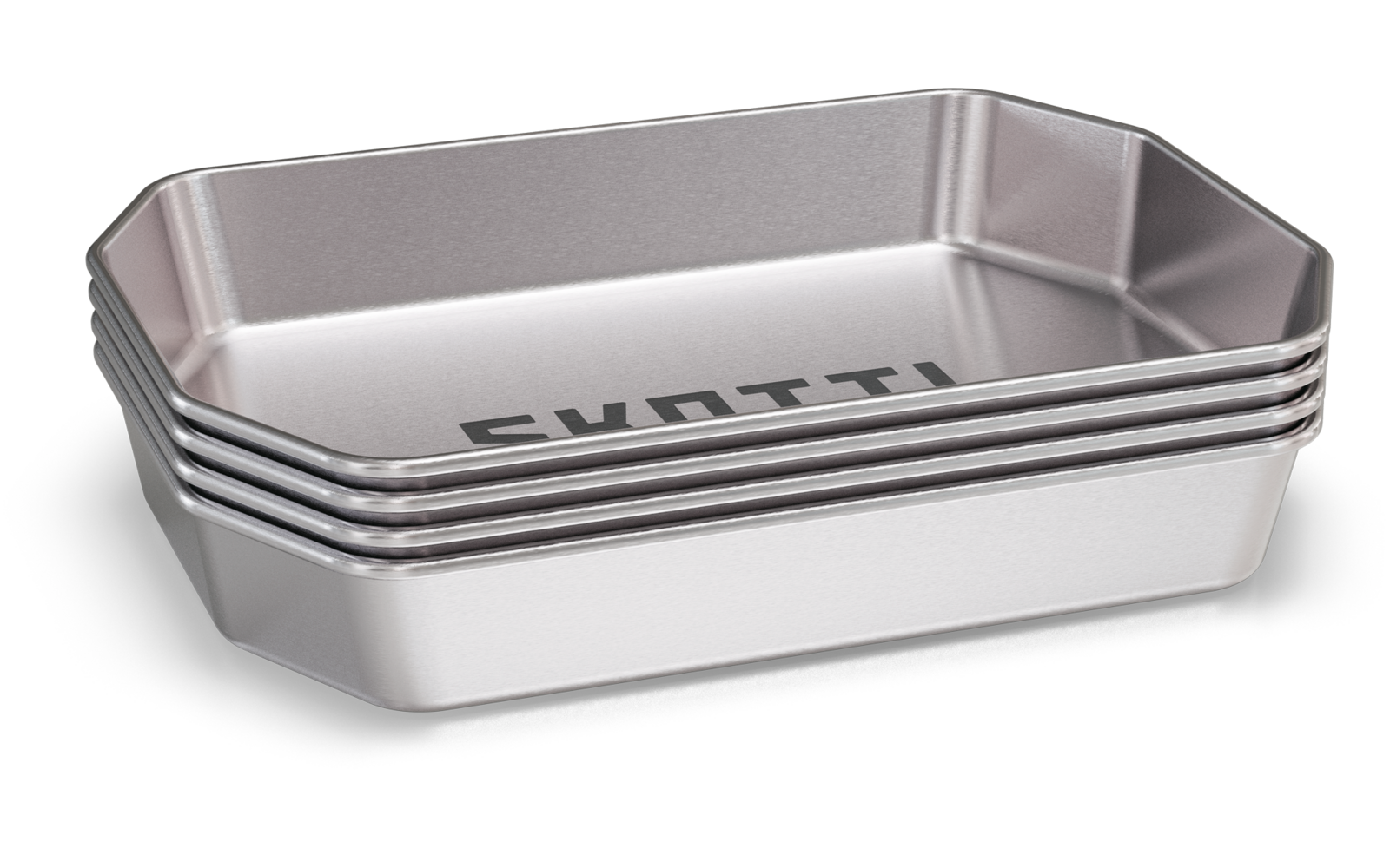 Stacked rectangular silver metal baking pans, 'SKOTTI' visible on the top pan