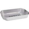 Silver rectangular metal tray with beveled corners and black text SKATTI on the inside bottom