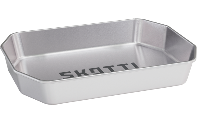 Silver rectangular metal tray with beveled corners and black text SKATTI on the inside bottom