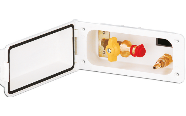 Weiße Einbaubox mit offenem Klappdeckel; innen gelbes Handrad, rote Kappe und Messinganschluss mit Außengewinde