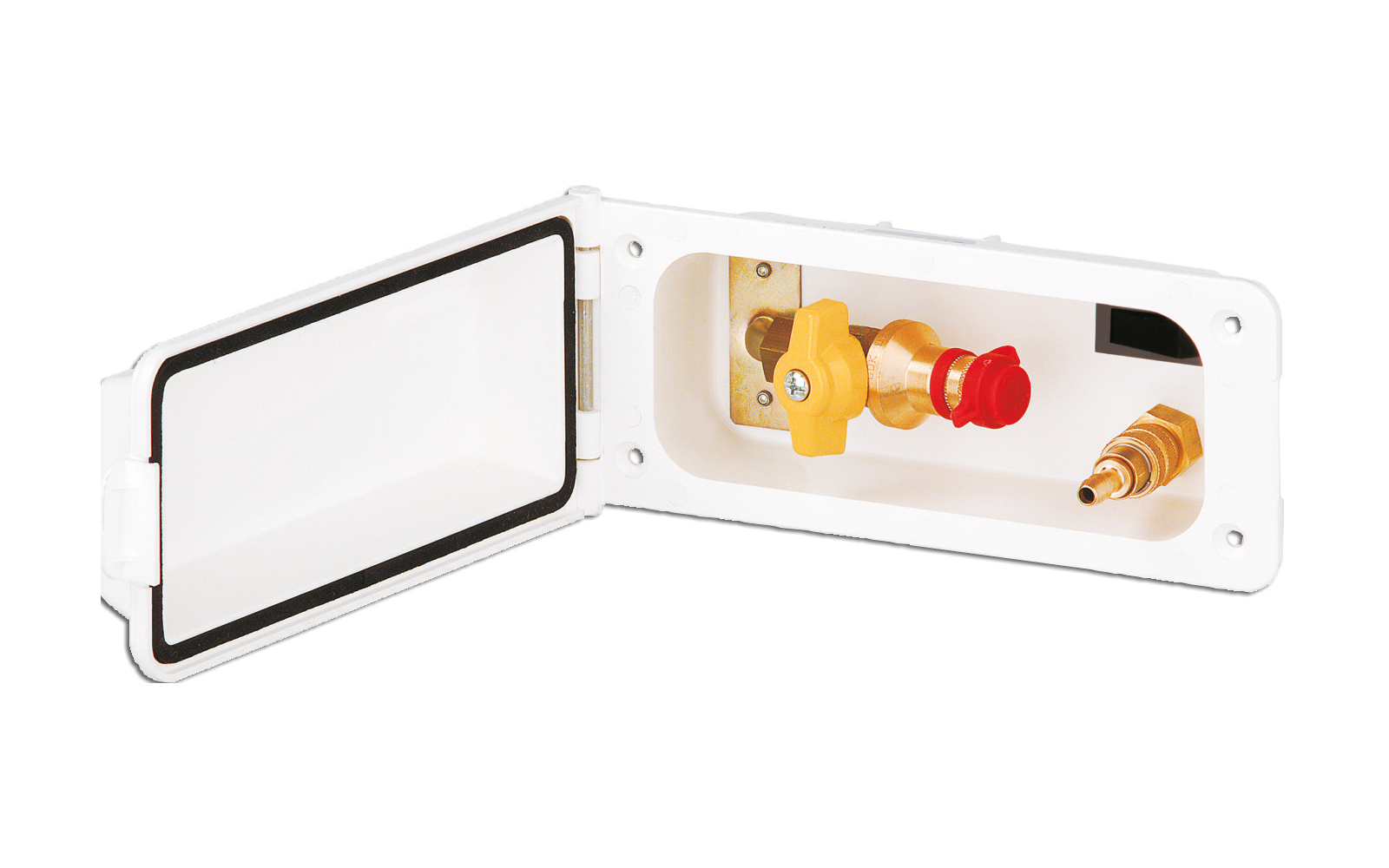 Weiße Einbaubox mit offenem Klappdeckel; innen gelbes Handrad, rote Kappe und Messinganschluss mit Außengewinde