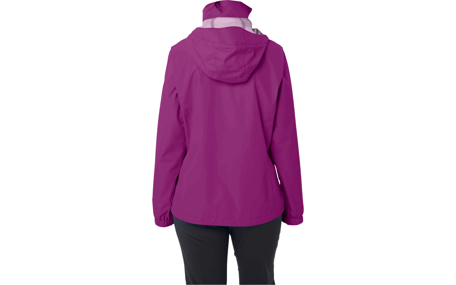 Person von hinten, trägt violette Kapuzenjacke, schwarze Hose, brauner Pferdeschwanz, weißer Hintergrund