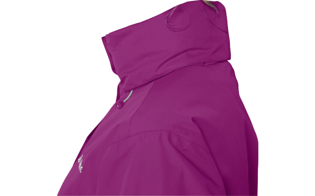 Seitliches Porträt einer Frau mit braunem Pferdeschwanz, trägt eine lila Jacke mit hochgestelltem Kragen, weißer Hintergrund