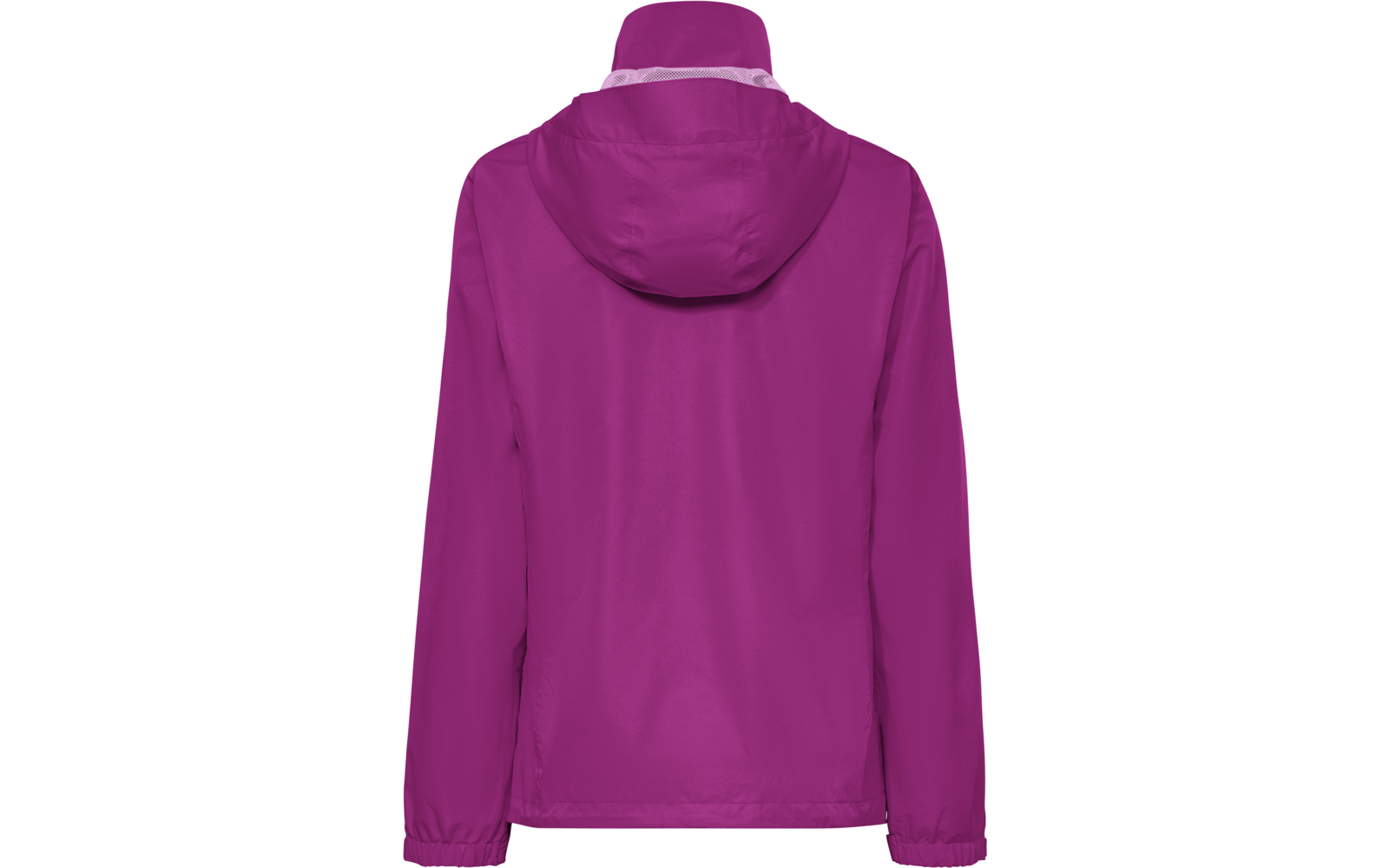Rückansicht einer einfarbigen magentafarbenen Kapuzenjacke mit langen Ärmeln und elastischen Bündchen