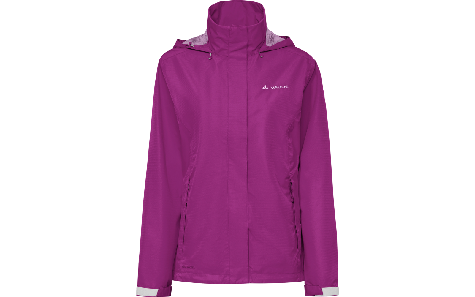 Violette Jacke mit Kapuze, verdecktem Frontreißverschluss, zwei seitlichen Reißverschlusstaschen und weißem Markenlogo auf der Brust