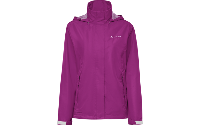 Violette Jacke mit Kapuze, verdecktem Frontreißverschluss, zwei seitlichen Reißverschlusstaschen und weißem Markenlogo auf der Brust