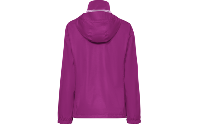 Rückansicht einer einfarbigen magentafarbenen Kapuzenjacke mit langen Ärmeln und elastischen Bündchen