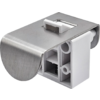 Gebogen geborsteld metalen flap boven een wit rechthoekig plastic huis met rechthoekige holtes en een zichtbare veer; bovenop een kleine witte schuif