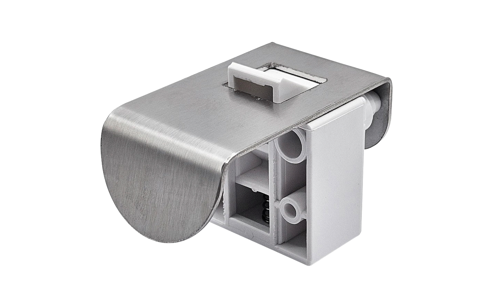 Gebogen geborsteld metalen flap boven een wit rechthoekig plastic huis met rechthoekige holtes en een zichtbare veer; bovenop een kleine witte schuif