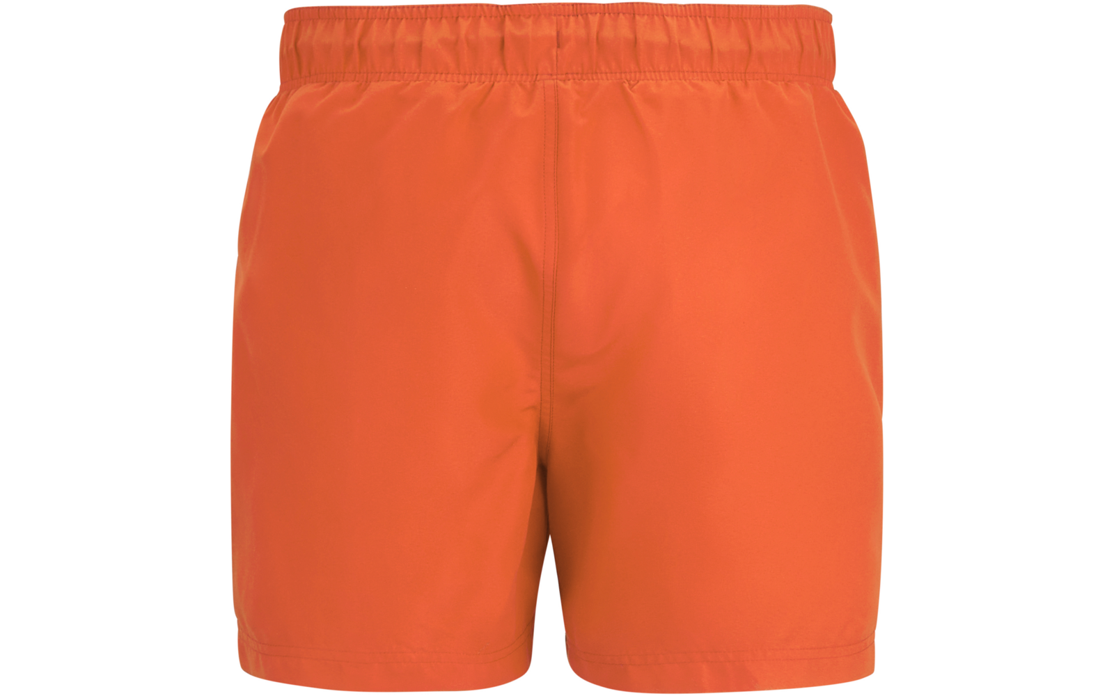 Kurze orangefarbene Shorts mit elastischem Bund, Vorderansicht auf weißem Hintergrund
