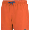 Orangene Badeshorts mit elastischem Bund und blauem Kordelzug, Vorderansicht, kleines schwarzes Etikett am Saum
