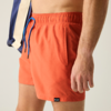 Unterer Torso und Oberschenkel einer Person in orangefarbenen Badeshorts mit blauem Kordelzug, rechte Hand seitlich, sichtbare Seitentasche, Teil einer dunkelblauen und beigen Jacke über der Schulter