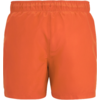 Kurze orangefarbene Shorts mit elastischem Bund, Vorderansicht auf weißem Hintergrund