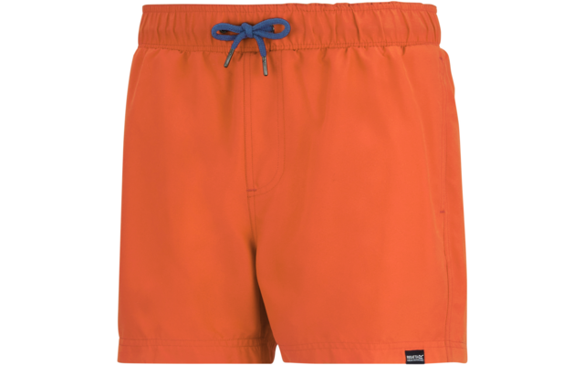 Orangene Badeshorts mit elastischem Bund und blauem Kordelzug, Vorderansicht, kleines schwarzes Etikett am Saum