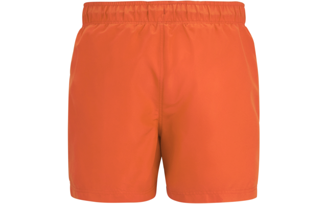 Kurze orangefarbene Shorts mit elastischem Bund, Vorderansicht auf weißem Hintergrund