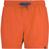 Orange kurze Badeshorts mit elastischem Bund und dunkelblauer Kordel, mittige Frontnaht und kleines schwarzes Etikett unten rechts, weißer Hintergrund