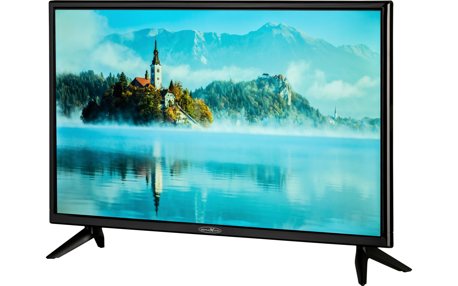 Fernseher mit Bild eines Sees: kleine Insel mit Kirche und Häusern, Bäume, Nebel über dem Wasser, Spiegelung im ruhigen See, Berge im Hintergrund