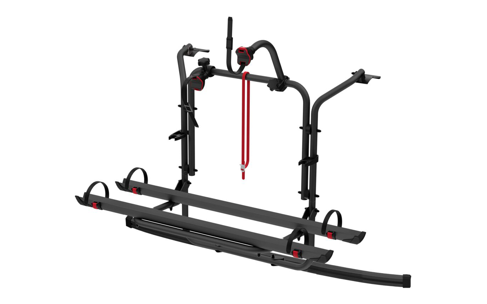 Schwarzer Fahrradträger mit zwei langen Schienen für Räder, gebogenen senkrechten Halterungen, roten Gurtbändern und Haken