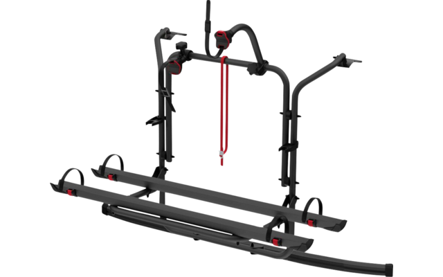 Schwarzer Fahrradträger mit zwei langen Schienen für Räder, gebogenen senkrechten Halterungen, roten Gurtbändern und Haken
