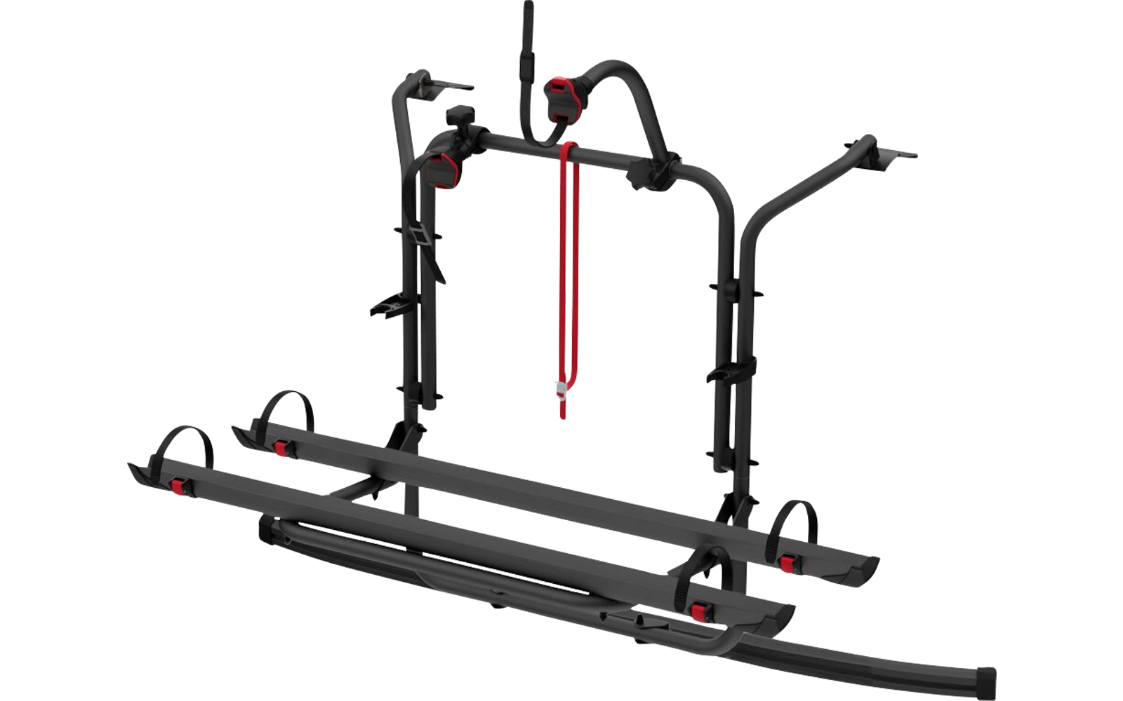 Schwarzer Fahrradträger mit zwei langen Schienen für Räder, gebogenen senkrechten Halterungen, roten Gurtbändern und Haken