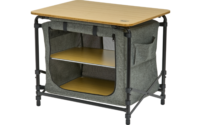 Kleiner Beistelltisch mit Holzplatte, Metallrahmen, zwei Regalböden und grauem Stoffkasten