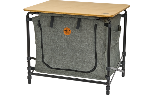 Tafel met licht houten blad en grijze vilten voorzak
