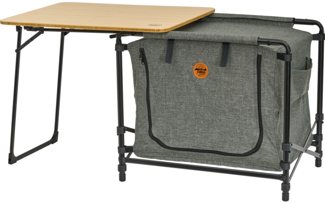 Opvouwbare tafel met grijze stoffen container en houten blad