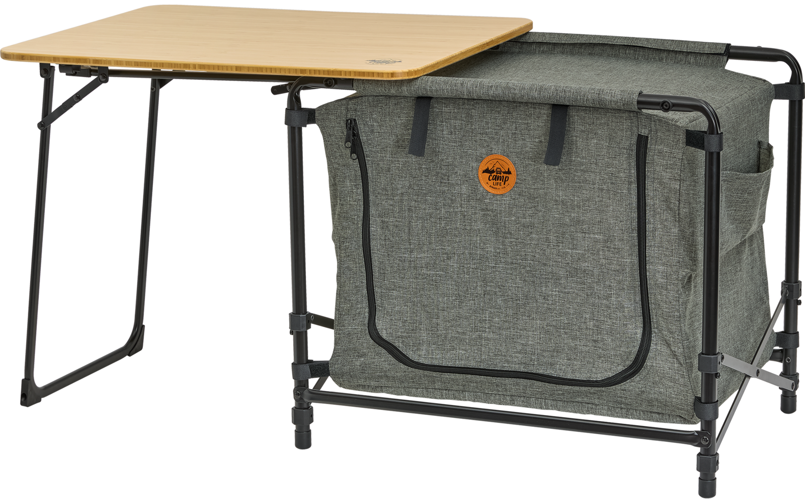 Opvouwbare tafel met grijze stoffen container en houten blad