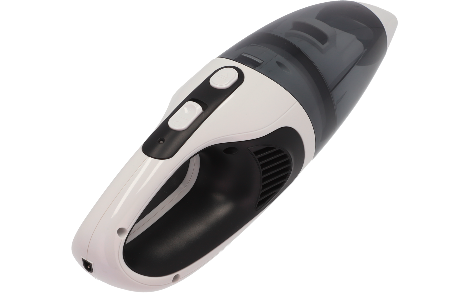 Petit aspirateur à main blanc et gris, montré en vue oblique d'en haut