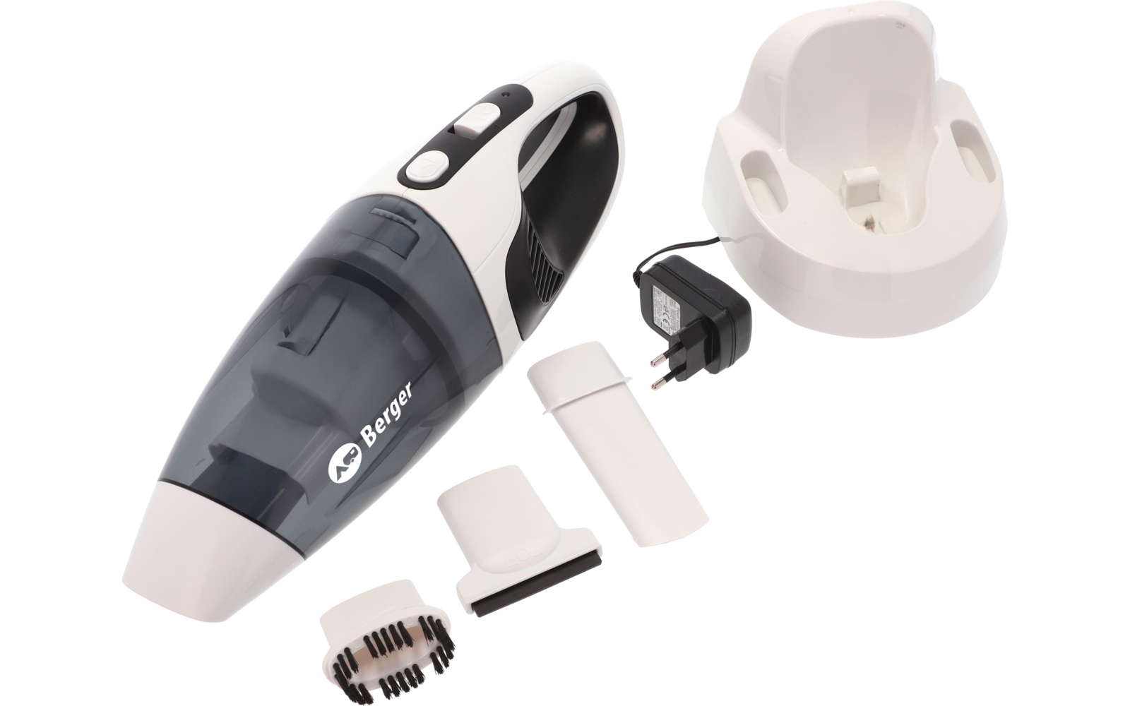 Aspirateur à main blanc et noir avec réservoir transparent, socle de charge, prise électrique et trois embouts (buse pour fente, embout large, brosse ronde)