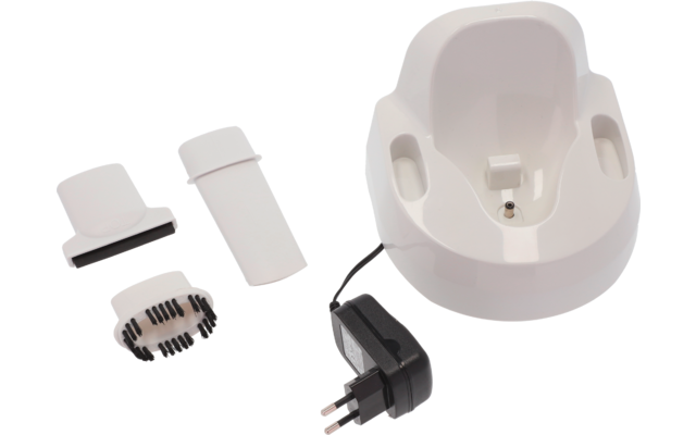 Socle en plastique blanc avec évidement et contact métallique, adaptateur secteur noir à deux broches et câble, trois pièces blanches : rond avec poils, plat rectangulaire, cylindrique