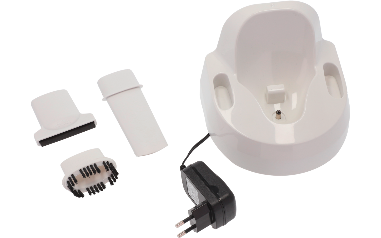 Socle en plastique blanc avec évidement et contact métallique, adaptateur secteur noir à deux broches et câble, trois pièces blanches : rond avec poils, plat rectangulaire, cylindrique