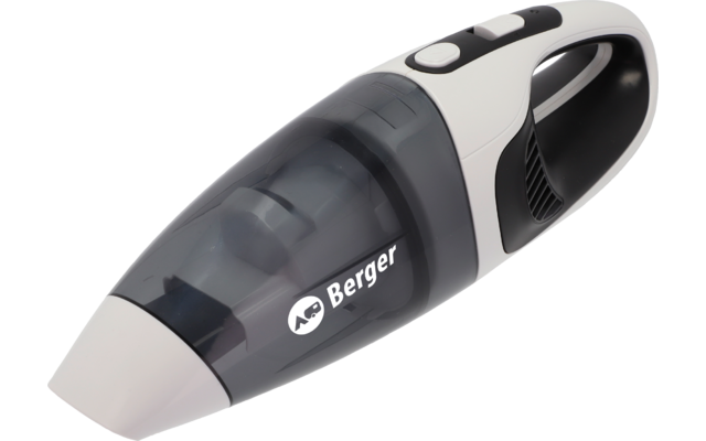 Aspirateur à main blanc et gris foncé avec réservoir transparent et logo Berger