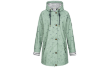 Groene capuchonjas met zwarte trekkoorden en bruine kralen, vier knopen voorop, twee zijzakken met rits, wit-navy gestreepte voering zichtbaar bij kap en manchetten, kleine paraplu- en wolkenprint, zichtbaar neklabel