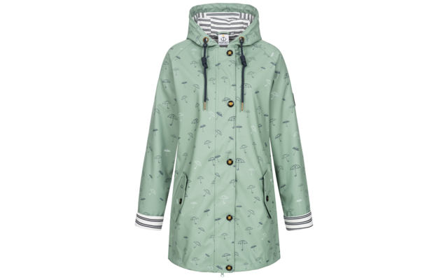 Groene capuchonjas met zwarte trekkoorden en bruine kralen, vier knopen voorop, twee zijzakken met rits, wit-navy gestreepte voering zichtbaar bij kap en manchetten, kleine paraplu- en wolkenprint, zichtbaar neklabel