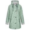 Groene capuchonjas met zwarte trekkoorden en bruine kralen, vier knopen voorop, twee zijzakken met rits, wit-navy gestreepte voering zichtbaar bij kap en manchetten, kleine paraplu- en wolkenprint, zichtbaar neklabel