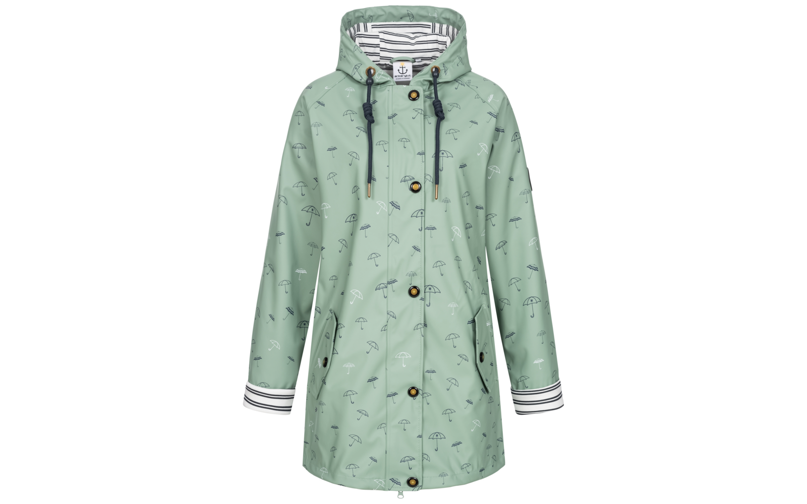 Groene capuchonjas met zwarte trekkoorden en bruine kralen, vier knopen voorop, twee zijzakken met rits, wit-navy gestreepte voering zichtbaar bij kap en manchetten, kleine paraplu- en wolkenprint, zichtbaar neklabel