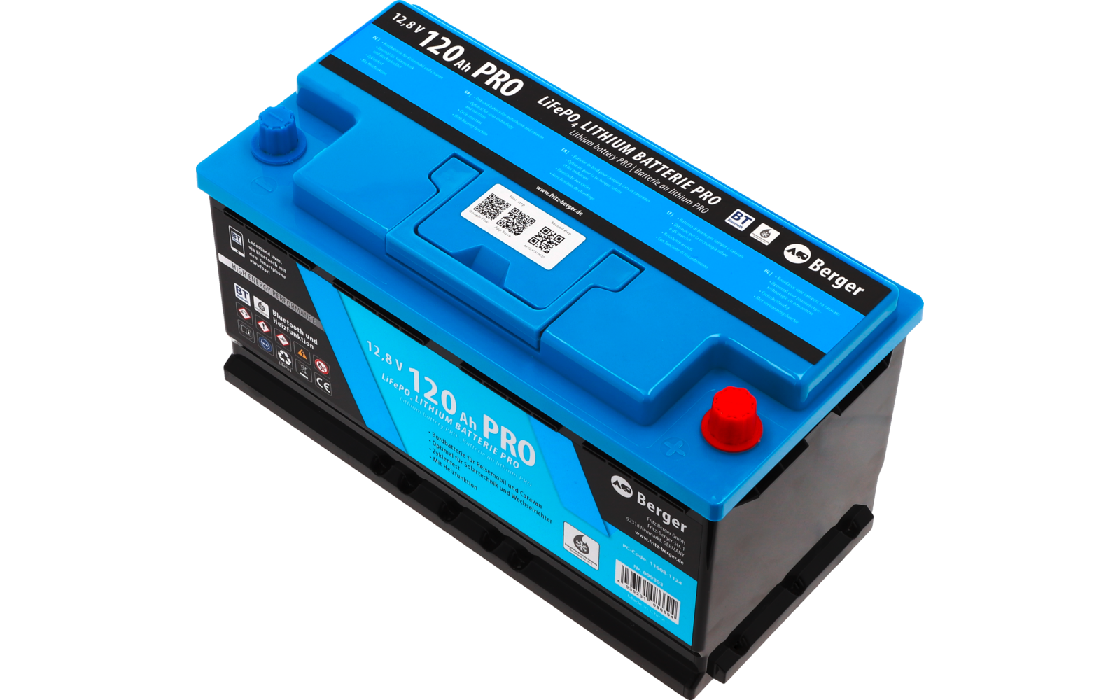 Blauwe autobatterij met stickers en rode positieve pool