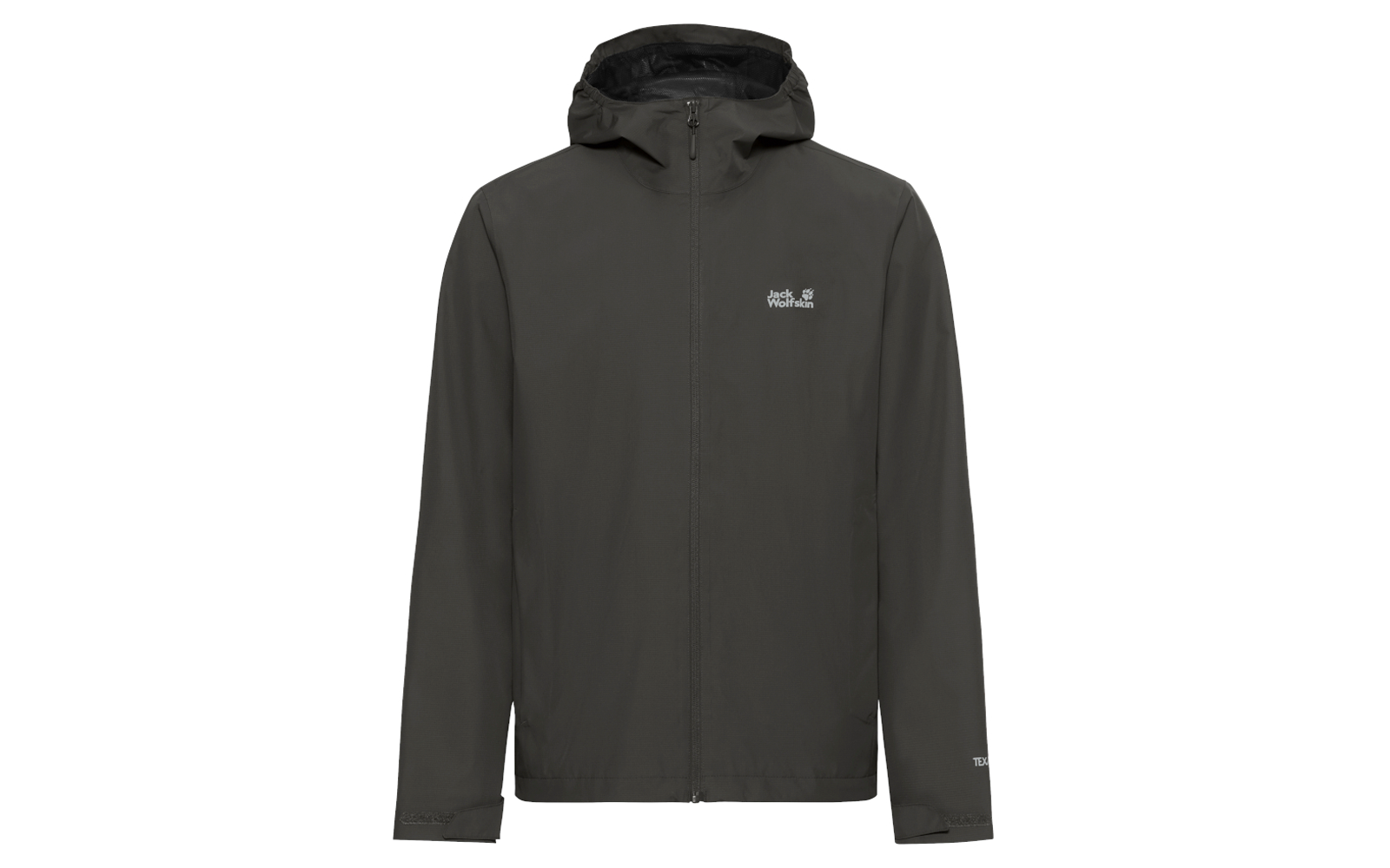 Donkergrijze jas met capuchon en ritssluiting over de volle lengte, klein Jack Wolfskin-logo op de linker borst, voorkant