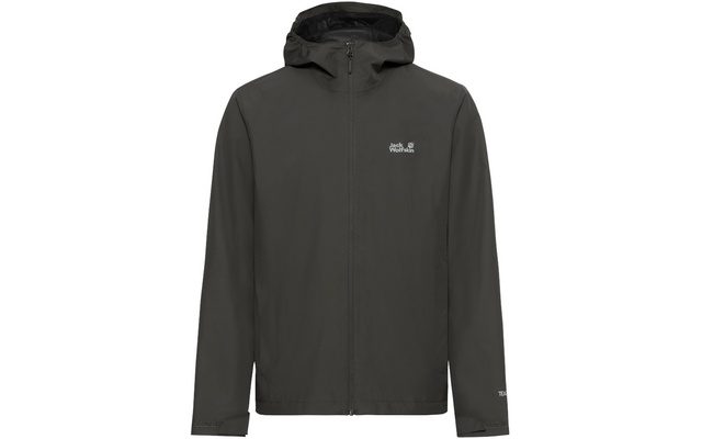 Donkergrijze jas met capuchon en ritssluiting over de volle lengte, klein Jack Wolfskin-logo op de linker borst, voorkant