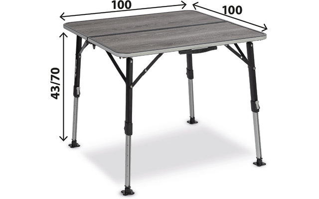 Quadratischer Tisch mit grauer Holzoptik, geteilter Tischplatte und vier höhenverstellbaren Metallbeinen; Pfeile zeigen 100×100 cm und Höhe 43/70 cm