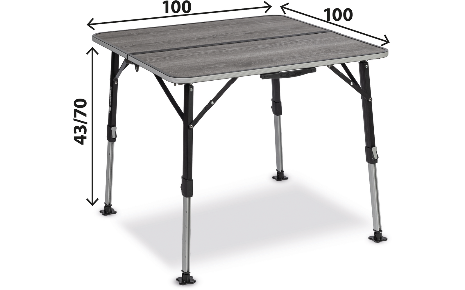 Quadratischer Tisch mit grauer Holzoptik, geteilter Tischplatte und vier höhenverstellbaren Metallbeinen; Pfeile zeigen 100×100 cm und Höhe 43/70 cm