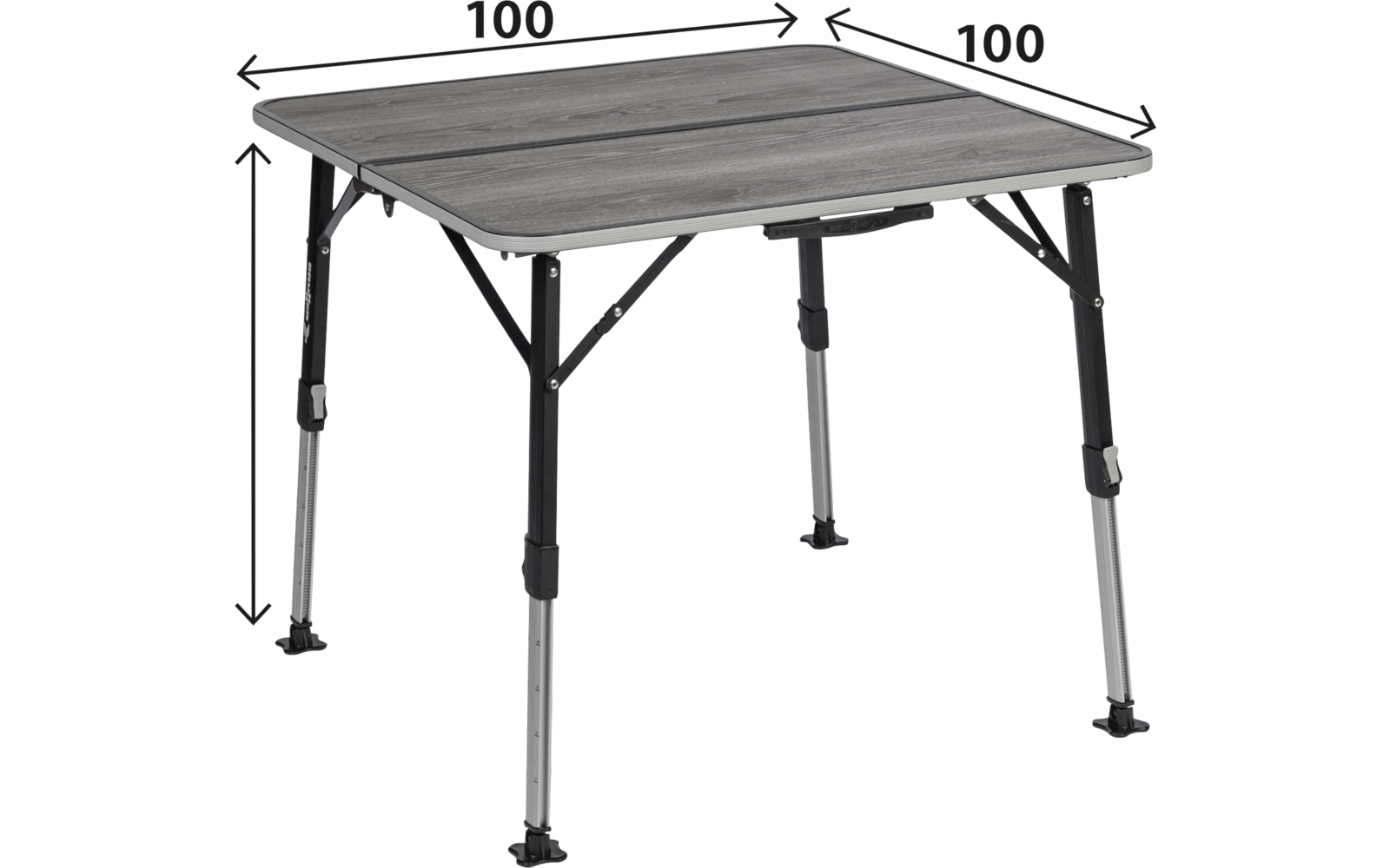 Quadratischer Tisch mit grauer Holzoptik, geteilter Tischplatte und vier höhenverstellbaren Metallbeinen; Pfeile zeigen 100×100 cm und Höhe 43/70 cm