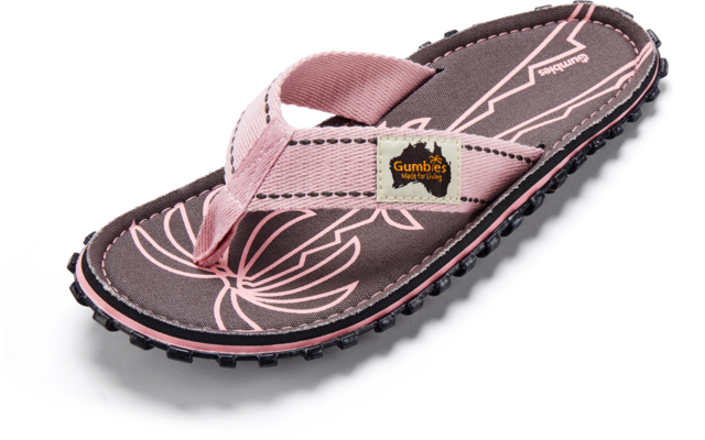 Rosa-brauner Zehentrenner mit floralem Muster auf der Innensohle, Stoffriemen mit kleinem rechteckigem Gumbies-Label, profilierte Gummisohle